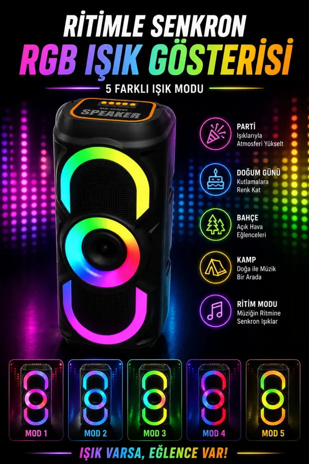 Kablosuz Mikrofonlu Bluetooth Hoparlör Karaoke RGB Işıklı TWS Destekli Taşınabilir Parti Hoparlörü USB FM Radyo 